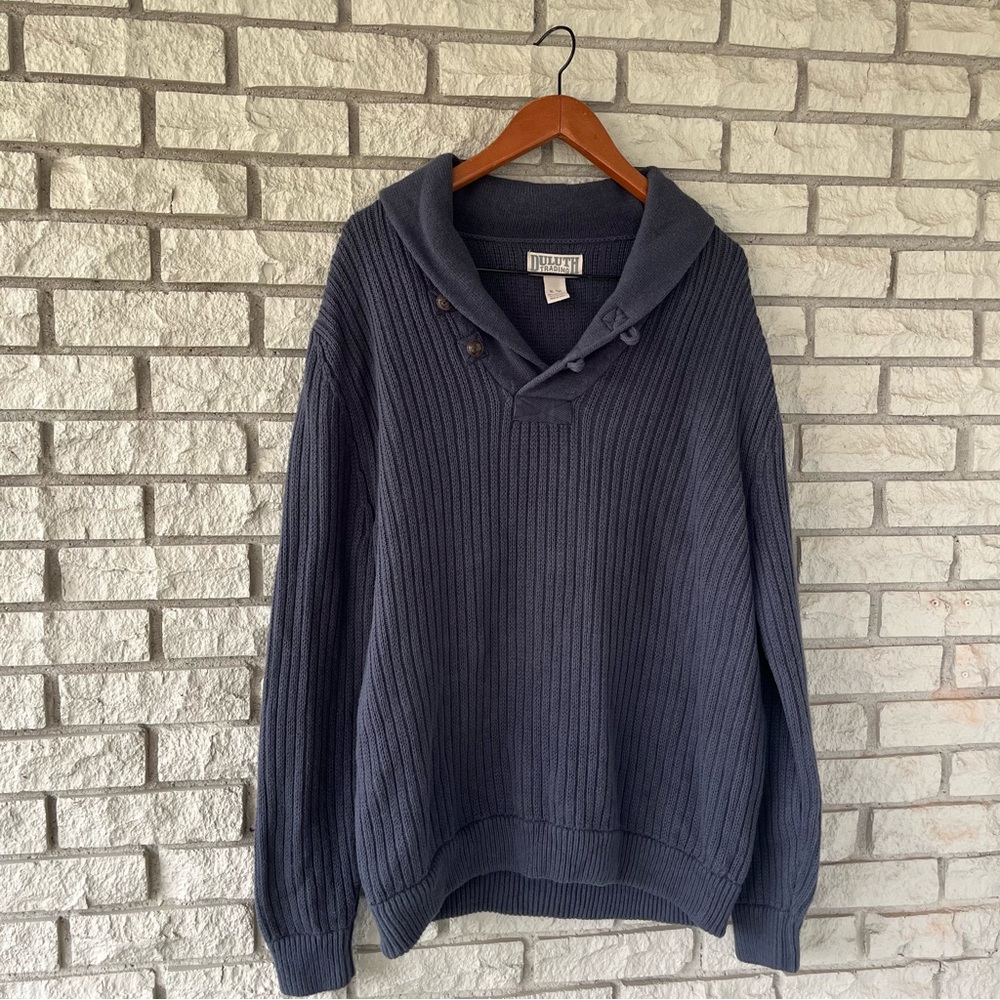 Duluth Trading Company Slate Blue Wool Blend Ribbed Knit Sweater Size XL TALL